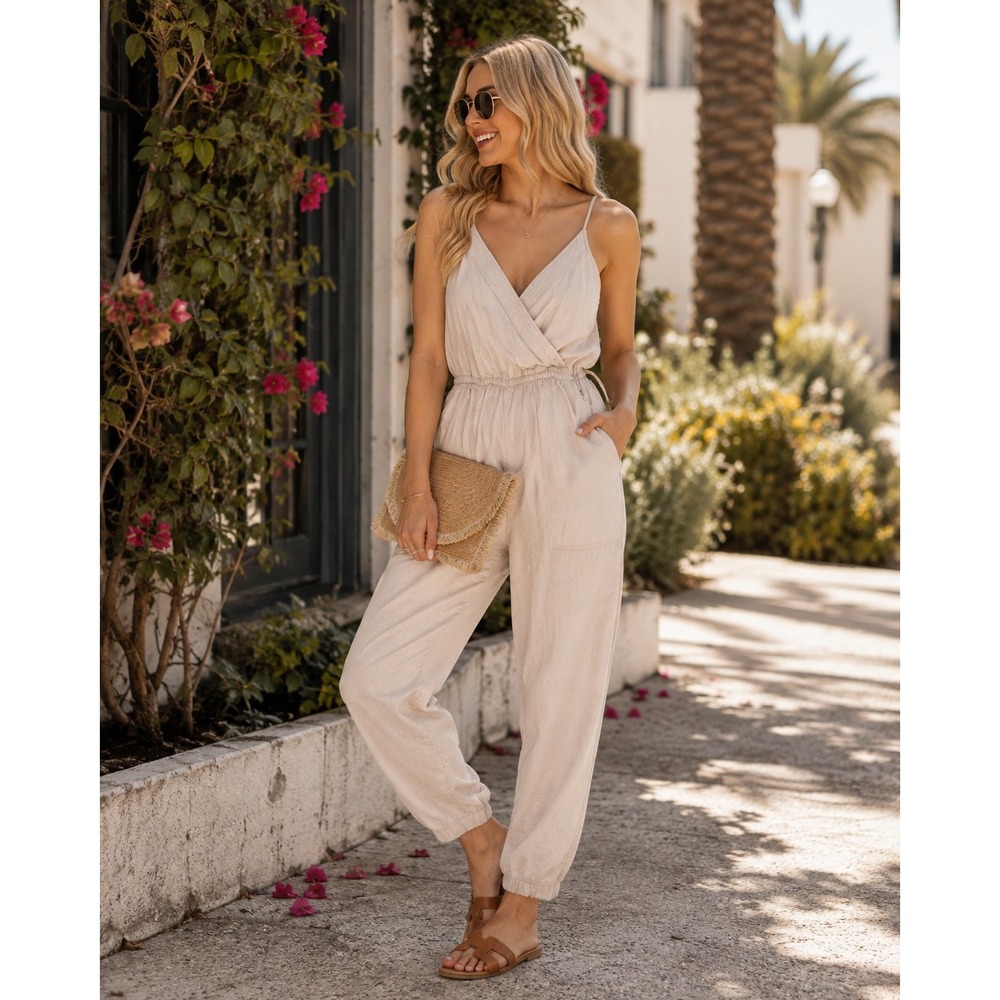 Abercrombie & Fitch Women Khaki Lyocell Wrap Jumpsuit Small Sleeveless Pockets